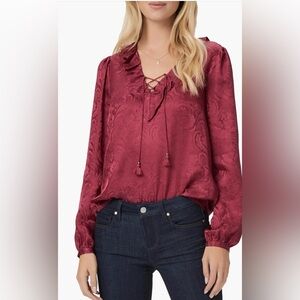 Paige $299 Ilara Jacquard 100% Silk Top Ruffle V-Neck Long Sleeve In Berry Jam